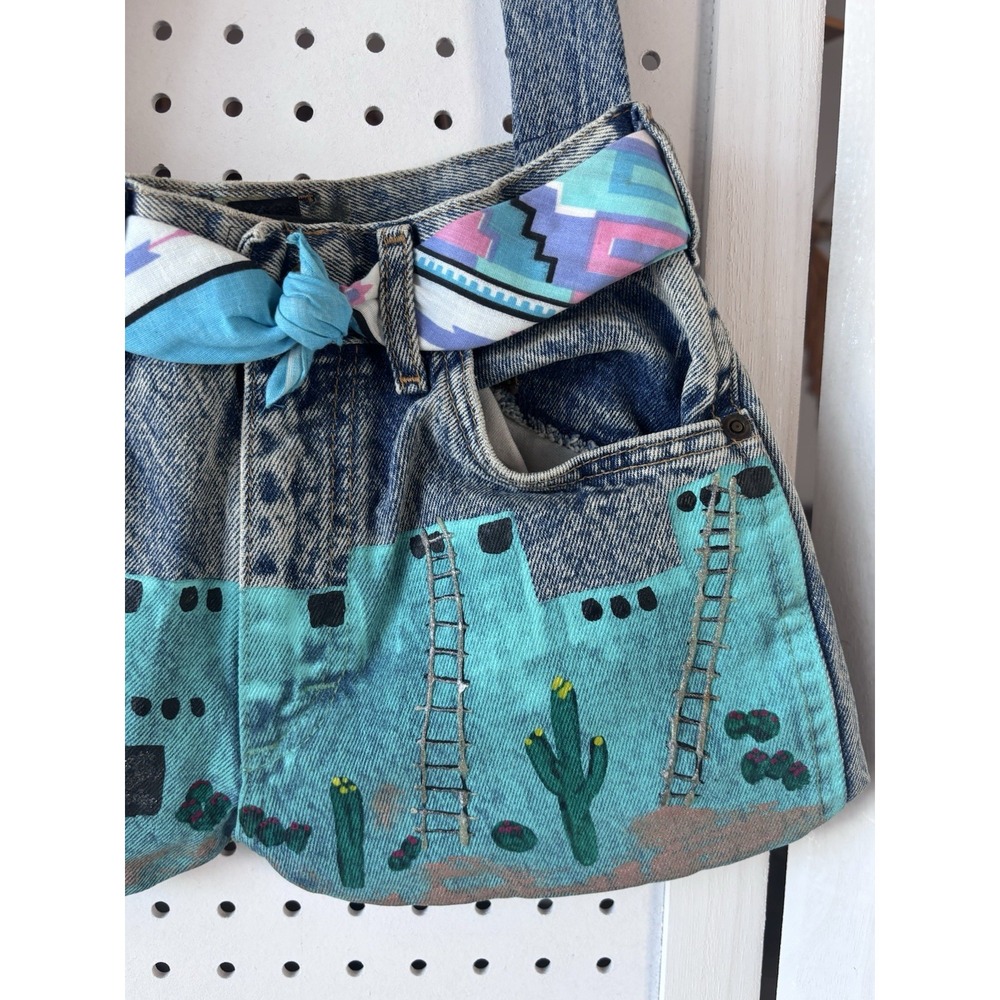 VTG Lee Denim Jeans Shoulder Bag Purse Handpainted Southwestern 90s Belted - Picture 4 of 11